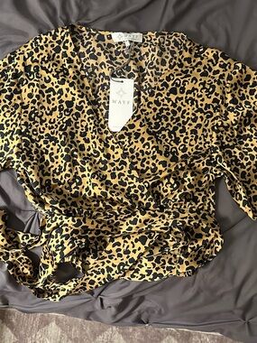 Wayf Leopard Print Wrap Blouse in Gold and Black
